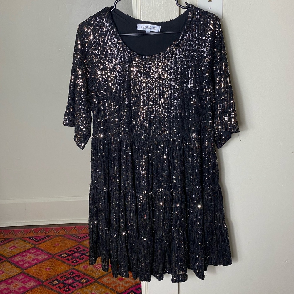 Amazing Lace Babydoll Sequin Dress - Picture 2 of 5